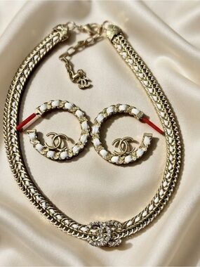Gold and White Braided CC Logo Necklace with Hoop Earrings